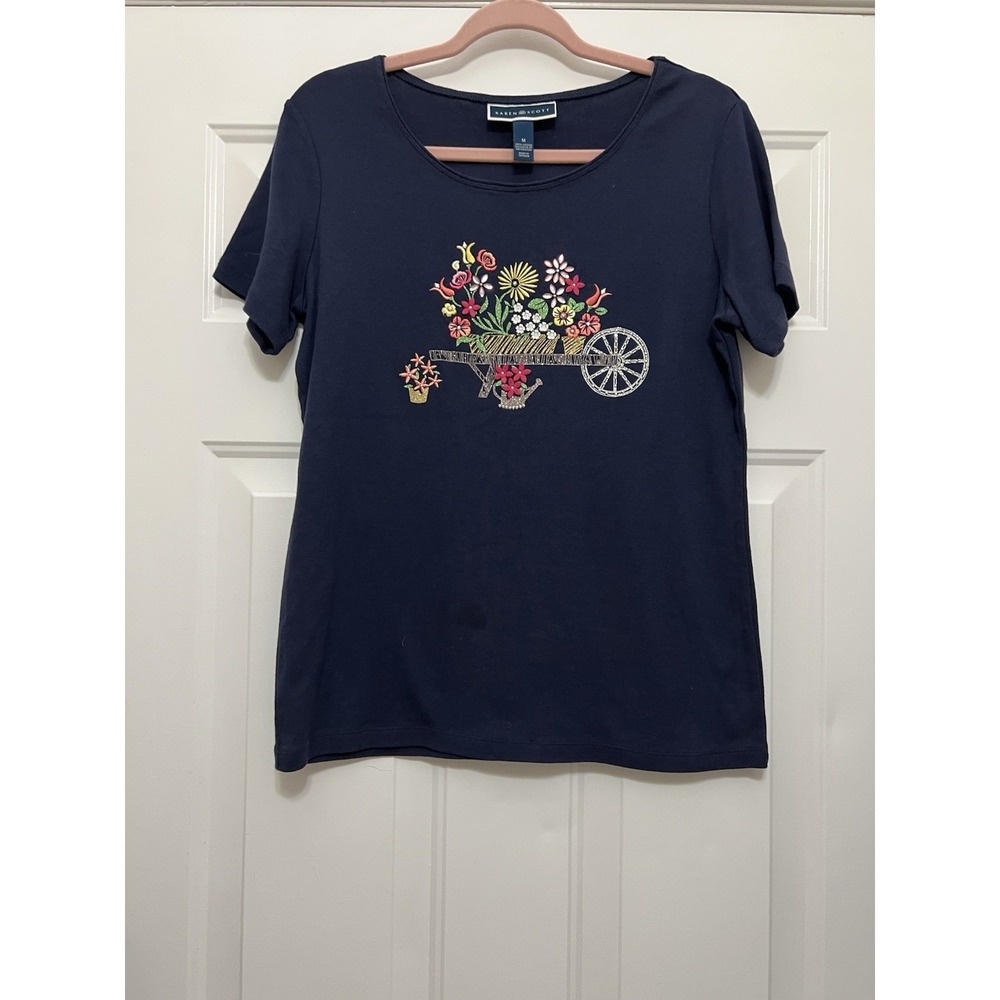 Karen Scott Womens Floral T-Shirt Top Medium Cottage Core Wearable Art Spring